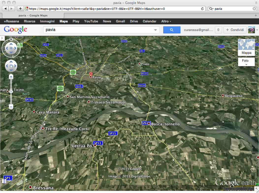 L'immissione del Ticino nel Po nei pressi di Pavia vista su google earth