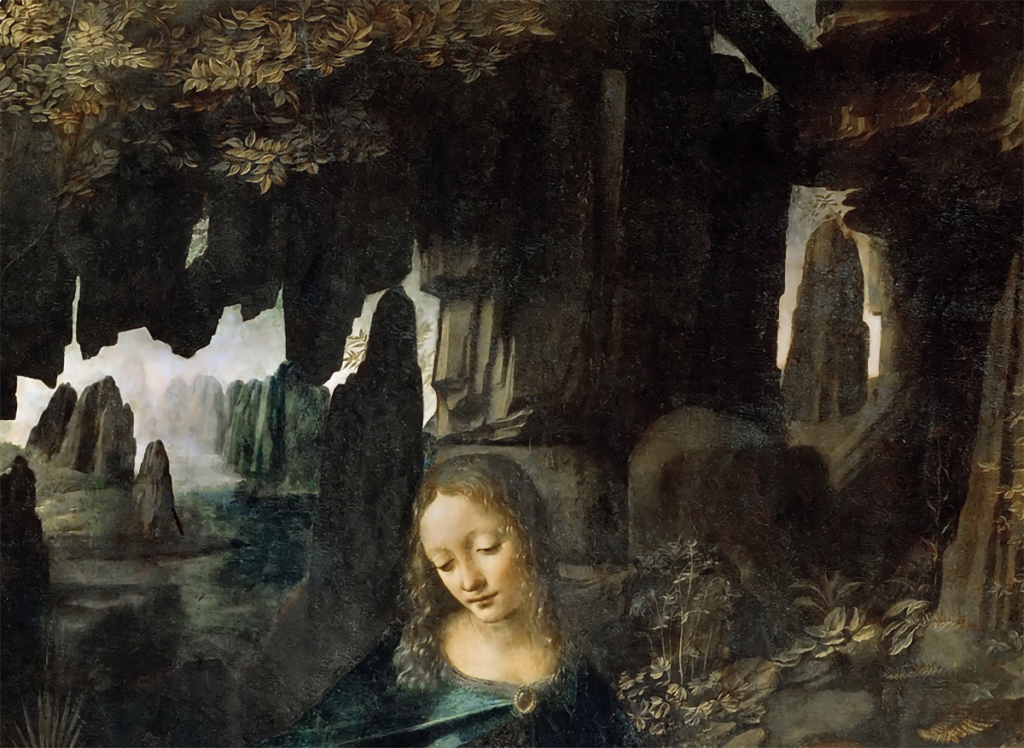 Leonardo, paesaggio, Vergine delle Rocce, dettaglio