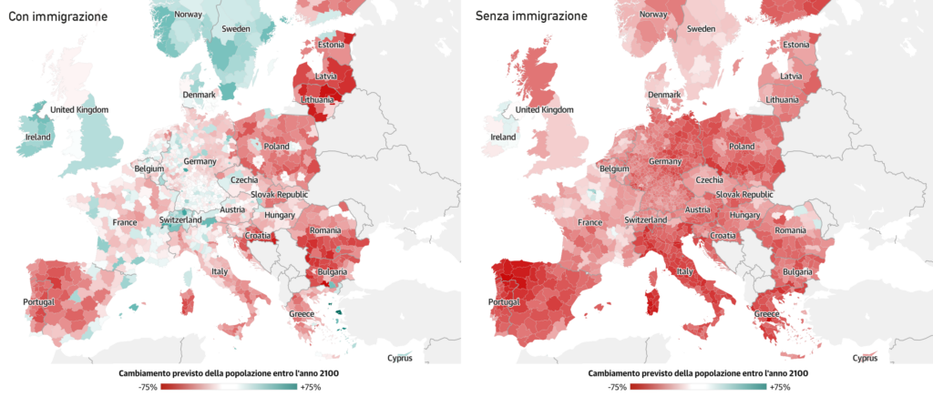 proiezione popolazione UE con e senza immigrati
